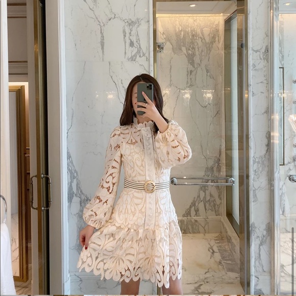 Apricot Lace Lantern Puff Sleeve Dress - Picture 5 of 10